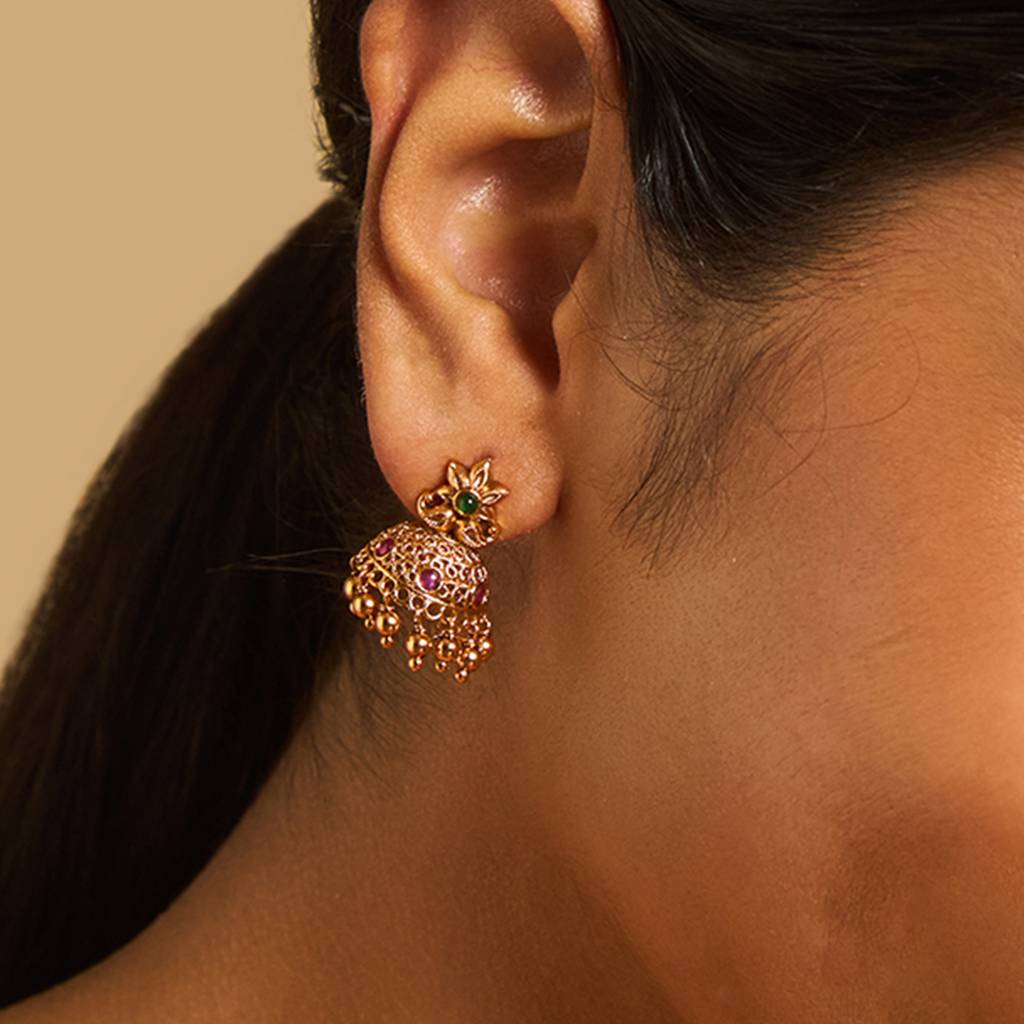 Ruby-Green Gold-Plated Ethnic Antique Studs-422489 : 422489