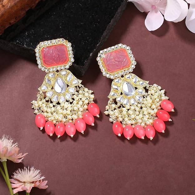 Estele Gold Plated Fashionable Gehena Drop Earrings With Mint Pink Beads For Women : PJ-013-IGMPER