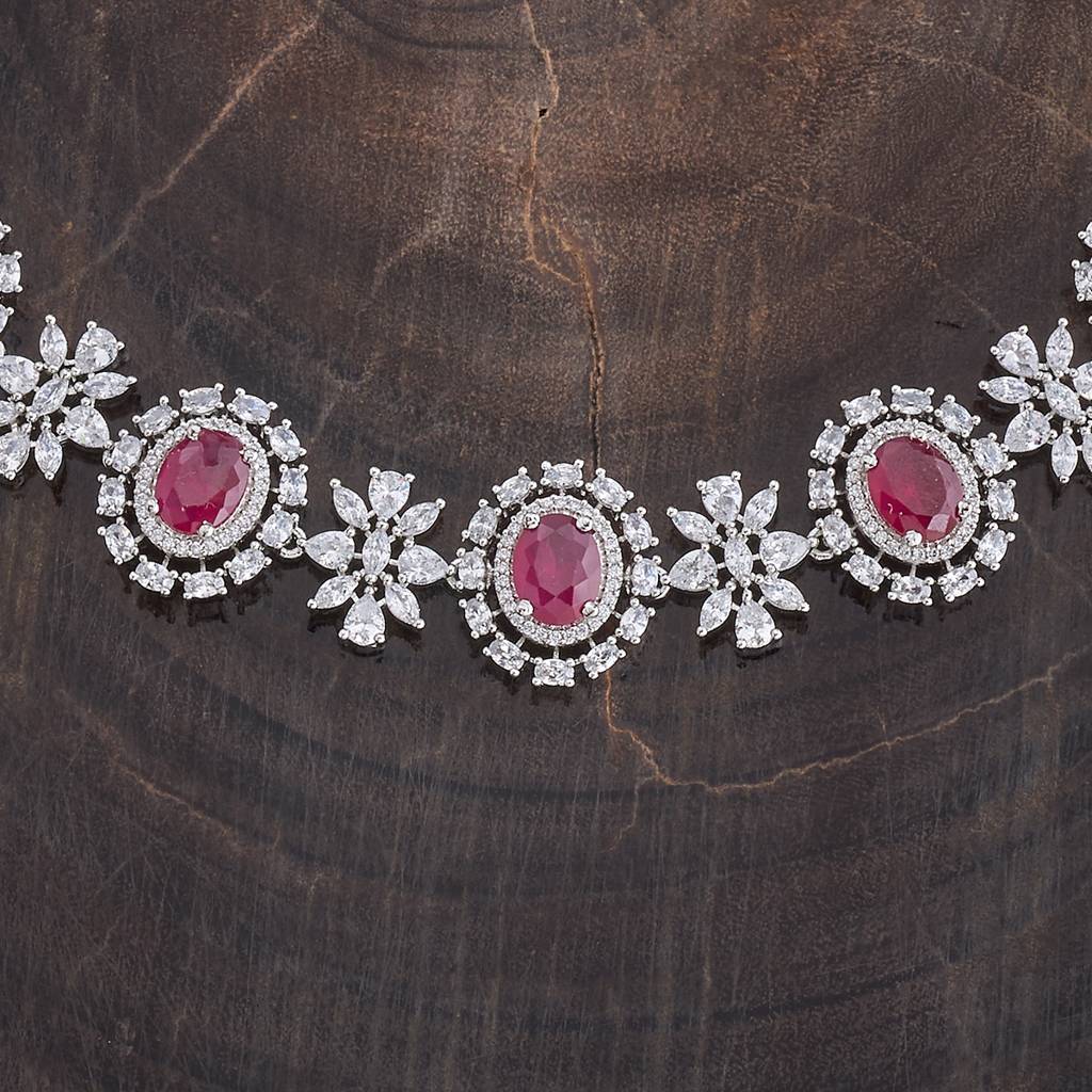 Kushal'S Fashion Jewellery Rhodium-Plated Ruby & Cubic Zirconia Studded Jewellery Set-177108 : 424540