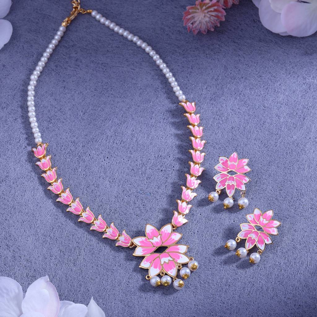 Estele Gold Plated Attractive Lotus Designer Pearl Necklace Set With Pink Enamel For Girl'S & Women : 10198-IGNKER