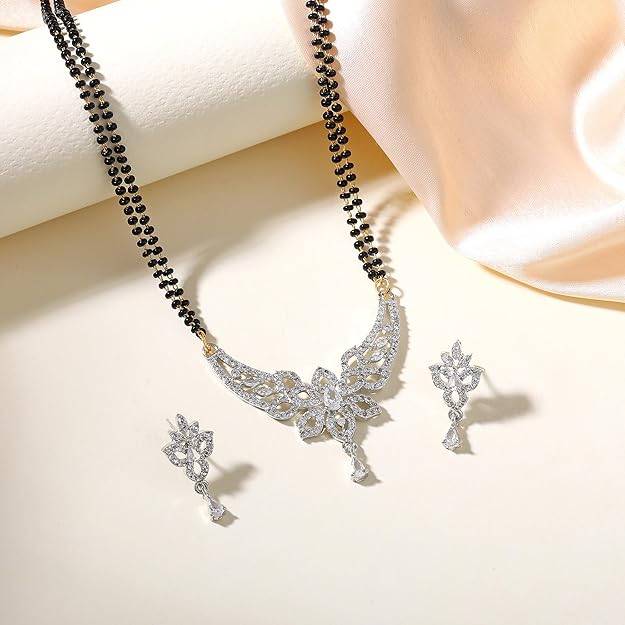 Gehena By Estele Fashion Jewelry Mangalsutra Necklace Set For Women: Rhodium Plated Charming Mangalsutra  : OSAKMS007-IRWENKER
