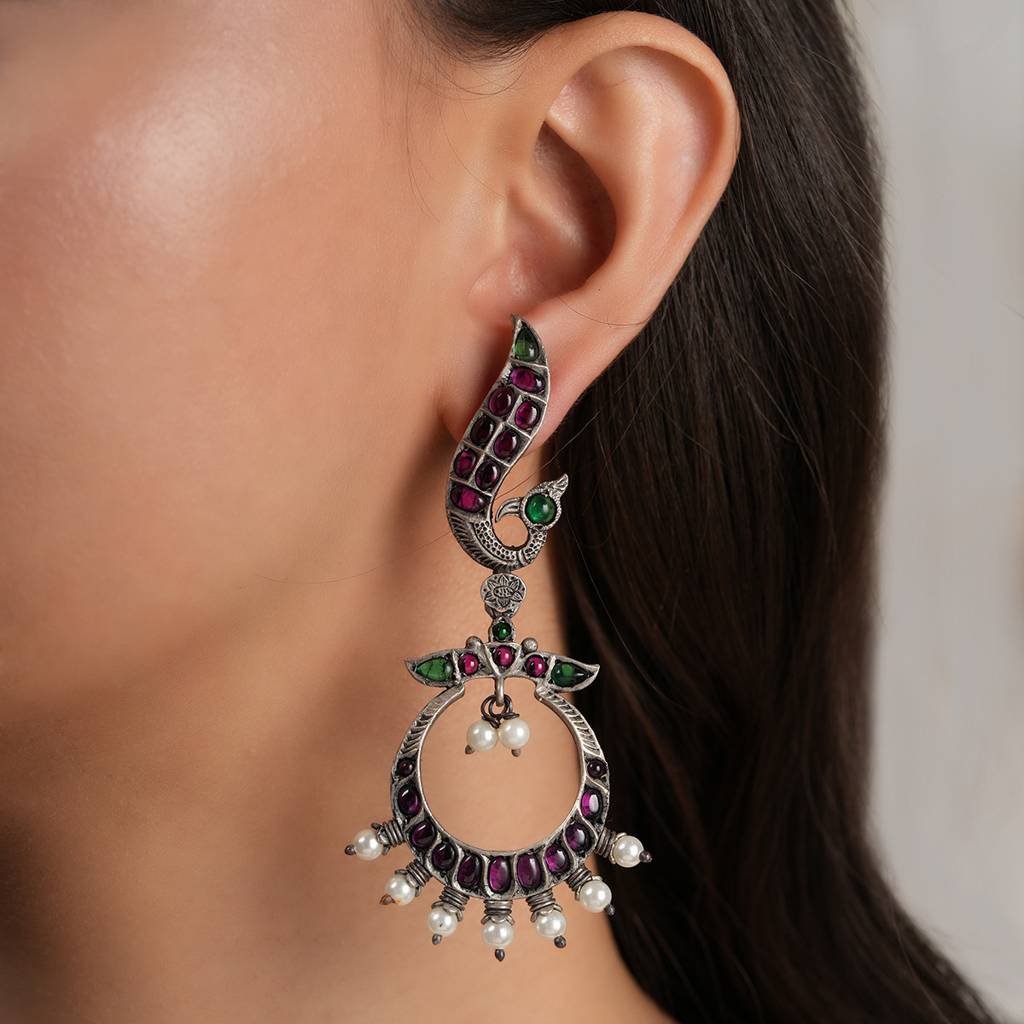 Peacock Chaandbaali Silver Earrings : SSE845