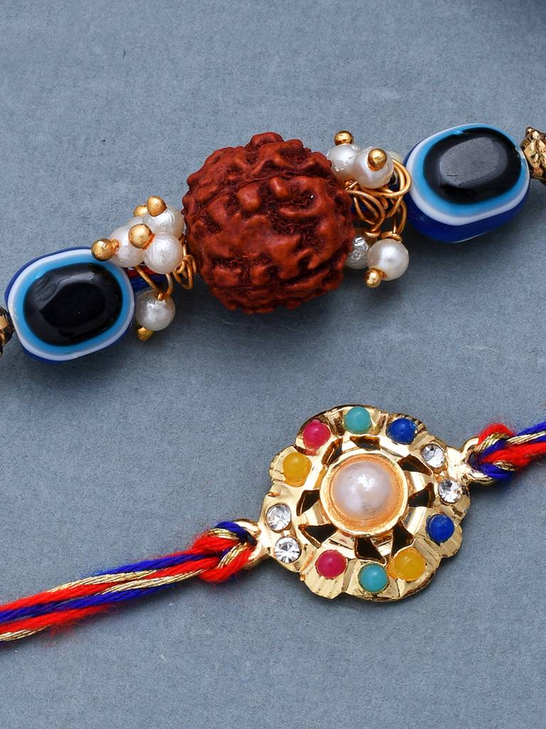 Set Of 2 Colorful Stones Studded Graceful Rakhi And Pearl Beaded Rakhi Embellished With Rudraksh : 8905124462043