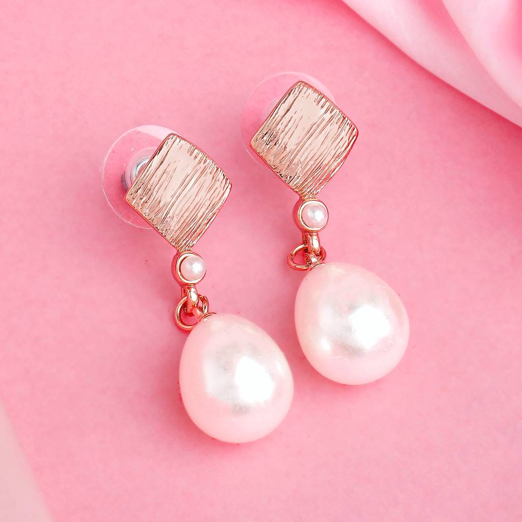 Estele Rosegold Plated Textured Pearl Drop Earrings For Girls And Women : 594703-RGER