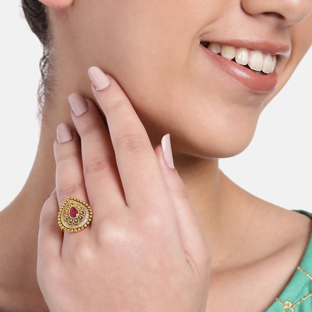 Estele Gold Plated Drop Designer Matte Finish Finger Ring With Ruby Crystals For Women : AD-146-IGRBRING