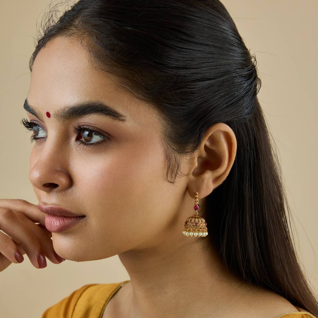 Kushal'S Fashion Jewellery Ruby Gold-Plated Ethnic Antique Jhumkas-433583 : 433583