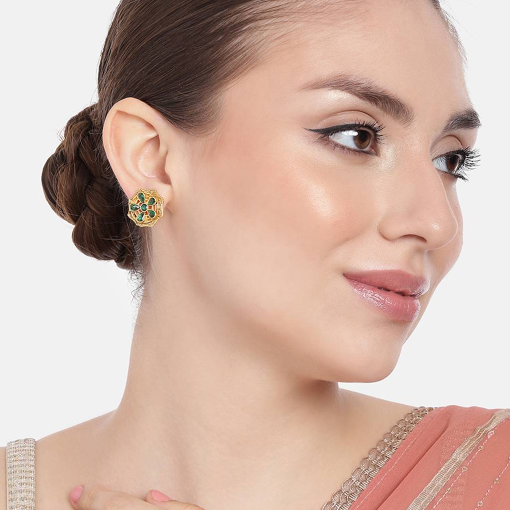 Estele Gold Plated Sparkling Flower Designer Matte Finish Stud Earrings With Green Crystals For Women : AD-116716-IGGNER