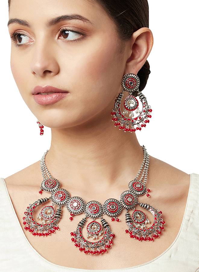 Festive Hues Enamelled Faux Pearls Adorned Silver Oxidised Jewellery Set : 8905124459012