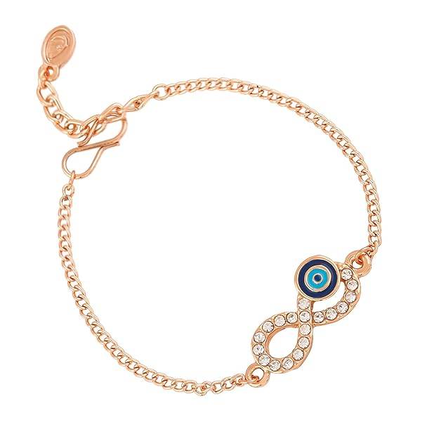 Estele Rosegold Plated  Navy Blue Evil Eye Infinity Charm Bracelet With Austrian Crystals For Women : 102172-RGNBTQBR