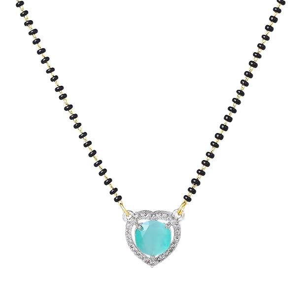 Gold & Rhodium Plated Elegant Heart Pendant Mangalsutra Chain With Black Beads & Mint Green Crystal For W : OSAKMS001-2TNMGNK