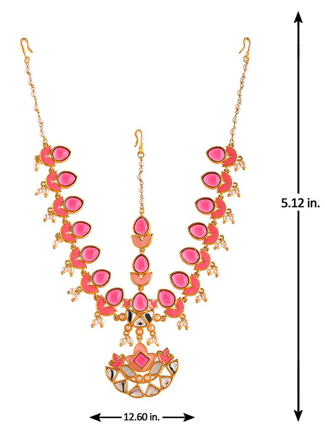 Forever More Pink Stones And Pearls Enamelled Floral Maang Tika : 8905124498011
