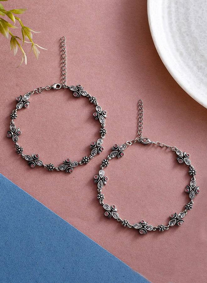 Abharan Silver Plated Pink And White Stones Anklets : 8905124493375