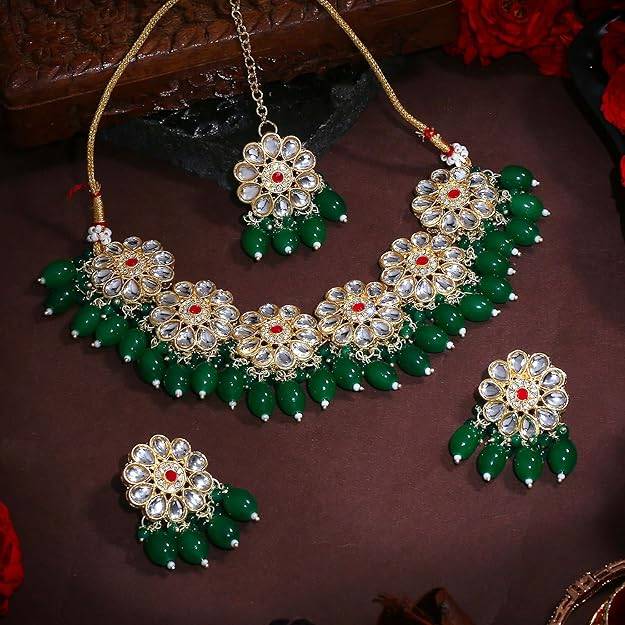 Estele Gold Plated Trendy Gehena Necklace Set & Maang Tikka With Green Beads For Women : PJ-034-IGGNNKERTK