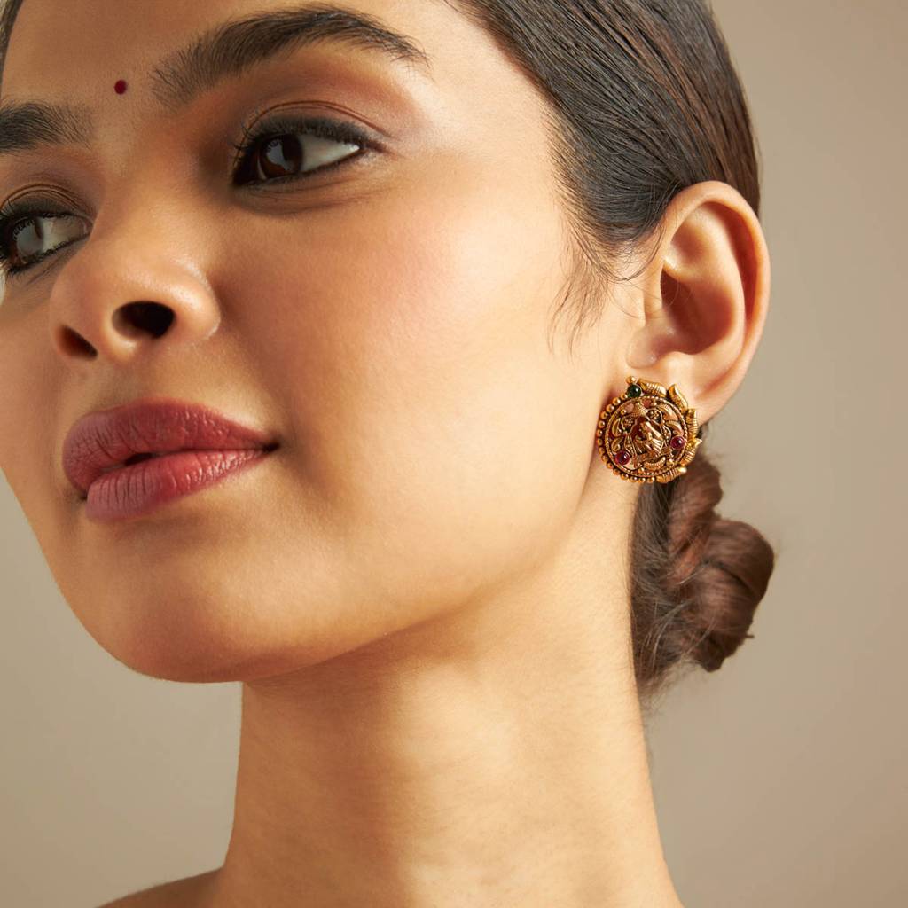 Kushal'S Fashion Jewellery Ruby-Green Oxidised Gold-Plated Ethnic 92.5 Pure Silver Temple Studs-168225 : 406819