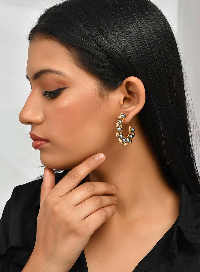 Mother'S Day Pearl Beaded Stone Studded Statement Hoop Earrings : 8905124501872
