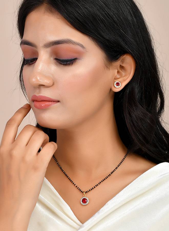 Sparkling Essential Red Cz Studded Round Gold Plated Mangalsutra Set : 8905124495164