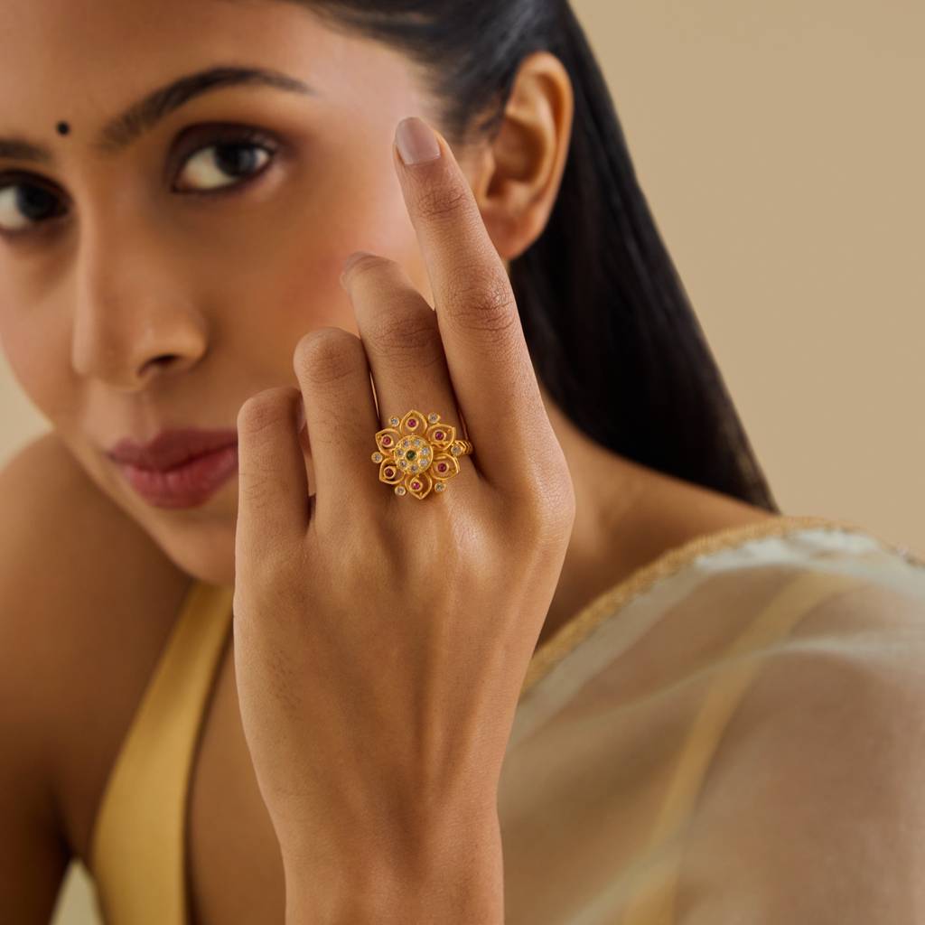 Kushal'S Fashion Jewellery Ruby-Green Gold-Plated Ethnic Antique Finger Ring-176953 : 424262