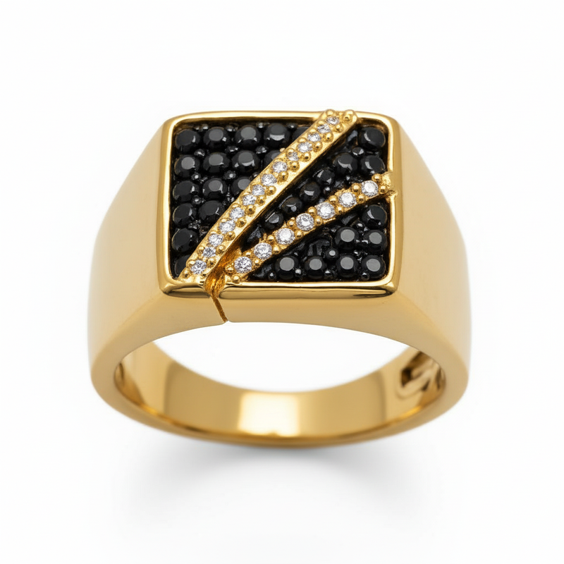 Black & Moissanite Asymmetrical Signet Ring Band : TGDMR-06-R-23