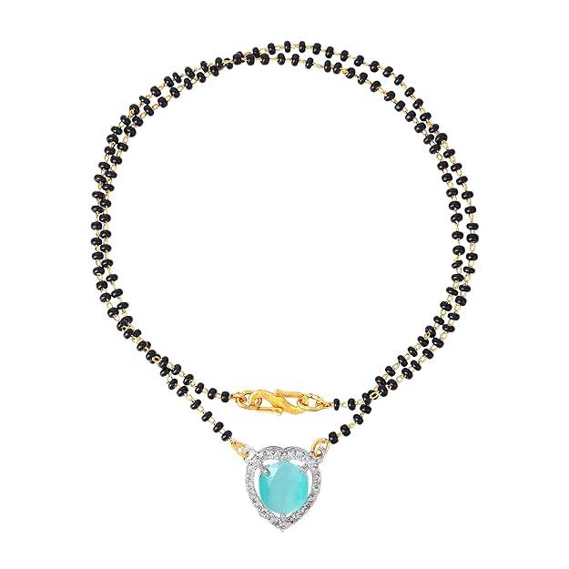 Gold & Rhodium Plated Elegant Heart Pendant Mangalsutra Chain With Black Beads & Mint Green Crystal For W : OSAKMS001-2TNMGNK