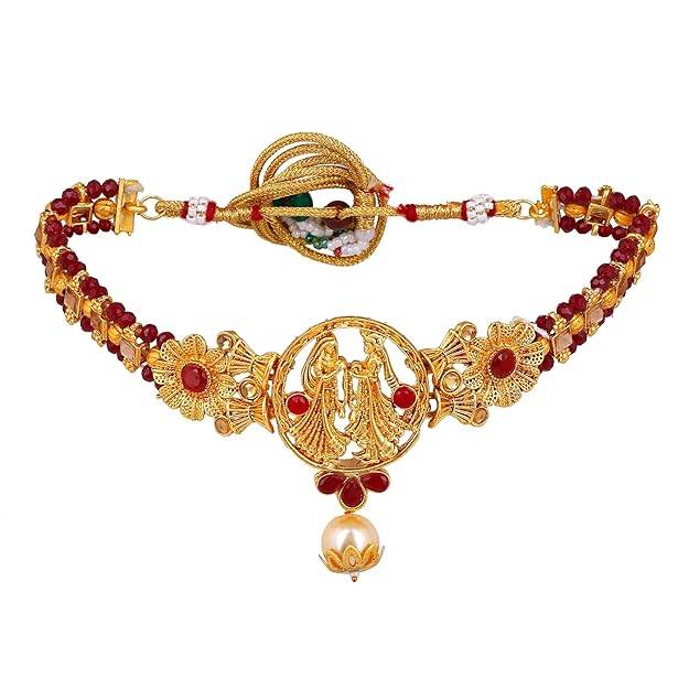 Estele Gold Plated Radha Krishna Designer Gehena Necklace Set With Red Beads For Women : PJ-017-IGRBNKER