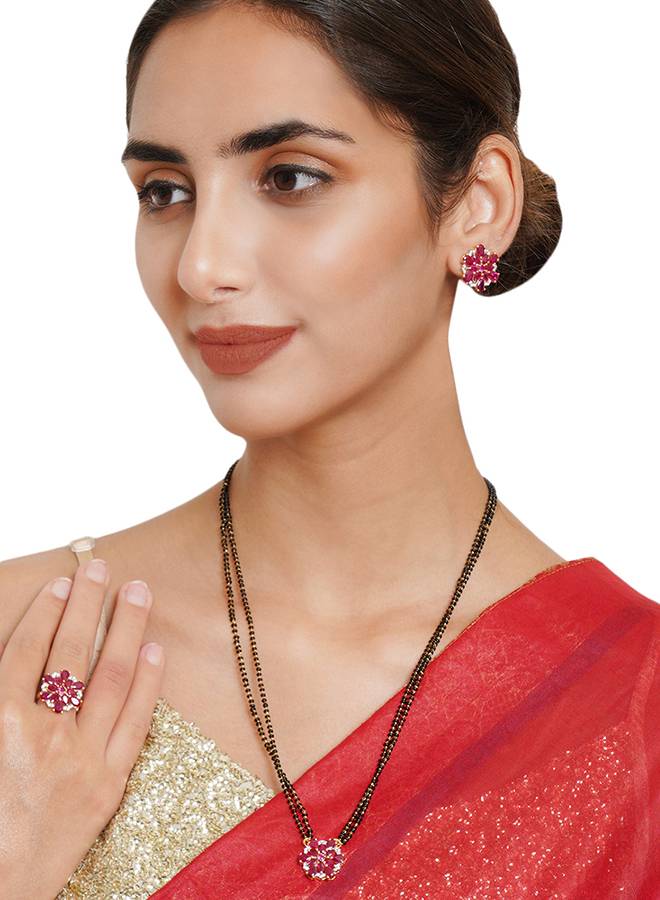 Black & Gold-Toned Stone-Studded Mangalsutra, Earrings And Ring Set : 8905124464191