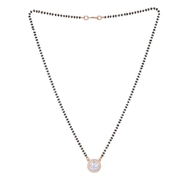 Rosegold Plated Exquisite Circular Pendant Mangalsutra Chain With Black Beads & White Crystals For Women : OSAKMS013-RGWENK