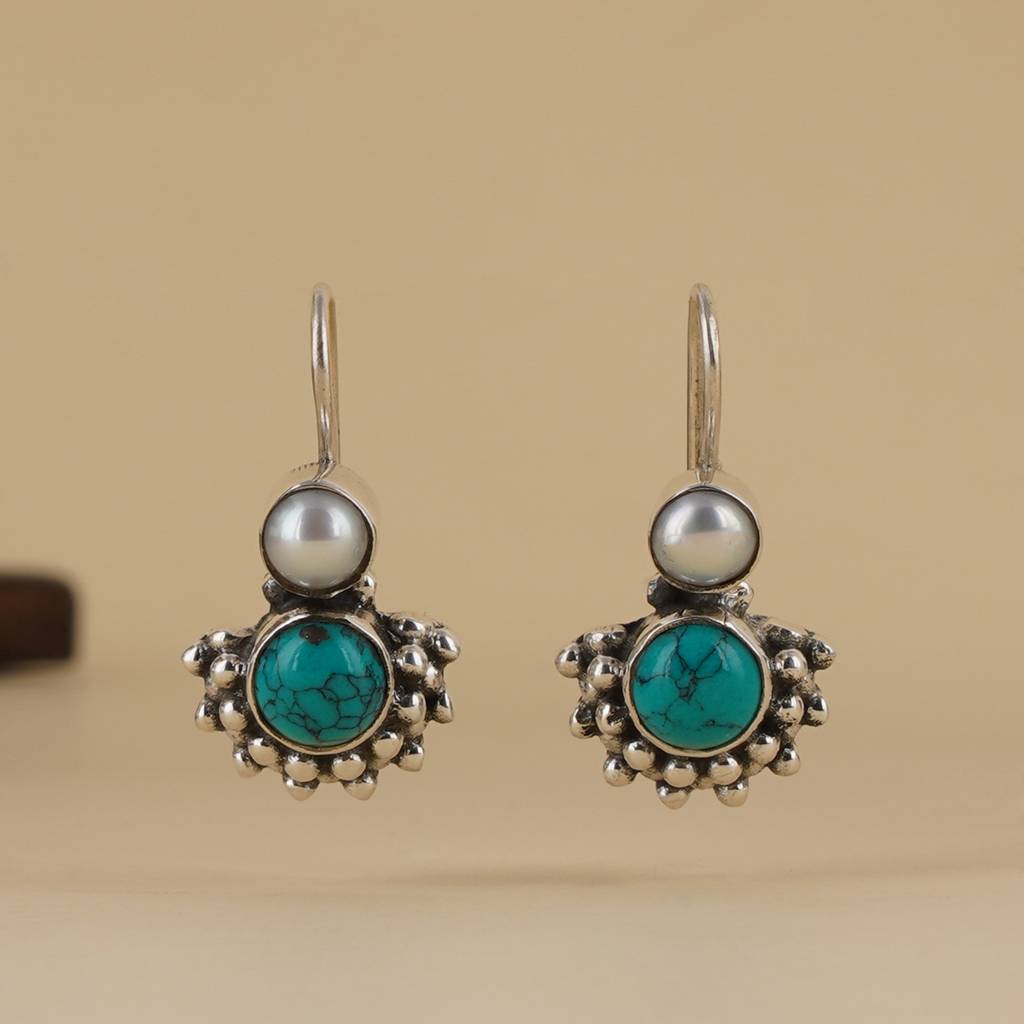 Turquoise & Pearl Silver Earrings : SSE804