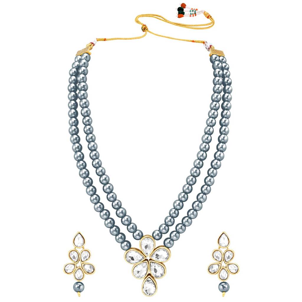 Crystal Faux Pearl Long Necklace With Drop Earrings Traditional Ethnic Jewellery Set For Women Girls-Pf24N184 : PF24N184DGRY