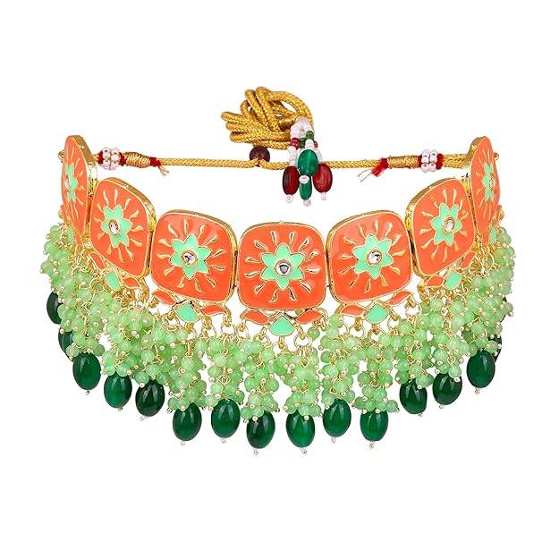 Estele Gold Plated Beautiful Gehena Choker Necklace Set Mint Green Beads For Women : PJ-032-IGMGGNNKER