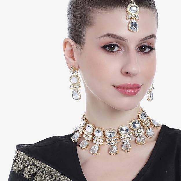 Estele Gold Plated Dazzling Kundan Gehena Necklace Set With Maang Tikka For Women : PJ-036-IGWENKERTK