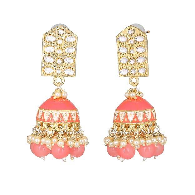 Estele Gold Plated Elegant Gehena Jhumka Earrings With Mint Pink Beads For Women : PJ-008-IGMPER