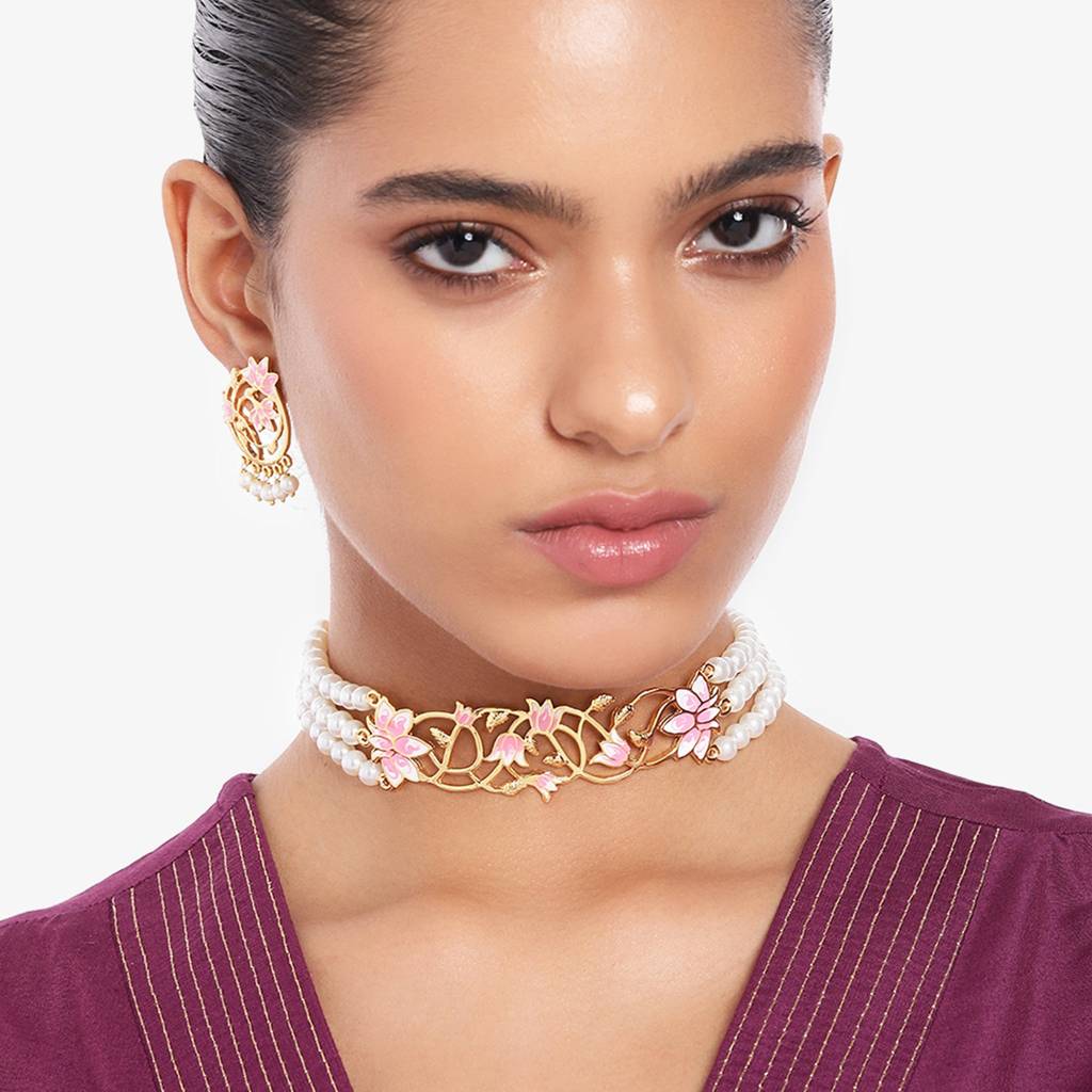 Estele Gold Plated Stylish Lotus Designer Pearl Choker Necklace Set With Pink Enamel For Girl'S & Women : 10190-IGNKER