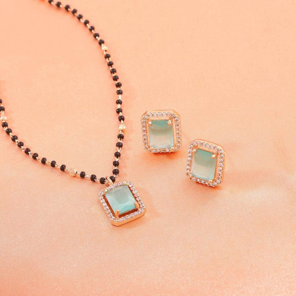 Estele Rose Gold Plated Cz Graceful Mangalsutra Necklace Set With Mint Green Stone For Women : ADMS041-RGMGNKER