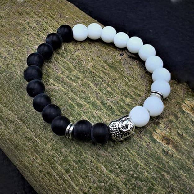 Gehena By Estele Elegant Dual-Tone Black & White Matte Beaded Bracelet: Stretchable Wristband With Silver B : OSAK012-IRWEBKBR
