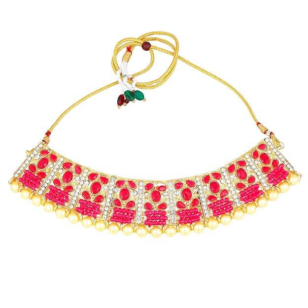 Estele Gold Plated Alluring Gehena Necklace Set & Maang Tikka With Pink Stones For Women : PJ-042-IGPNNKERTK