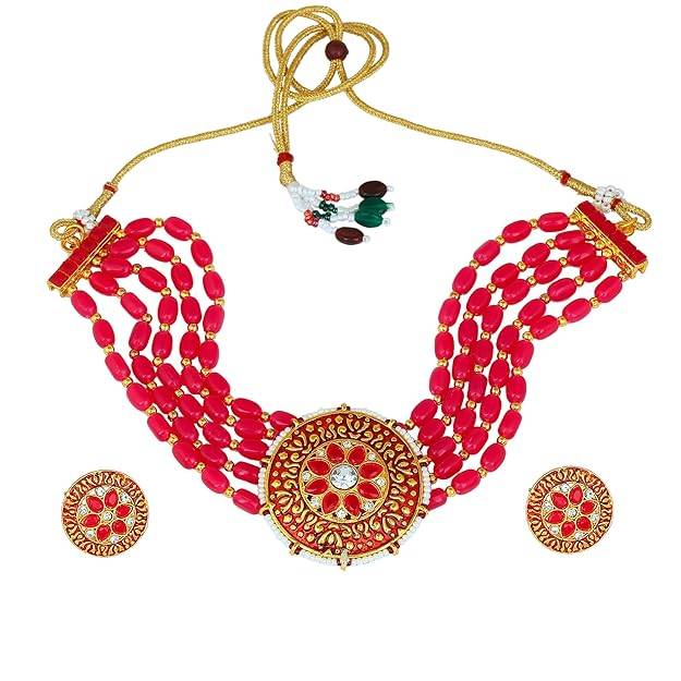 Estele Gold Plated Fascinating Designer Gehena Necklace Set With Pink Beads For Women : PJ-022-IGPNNKER