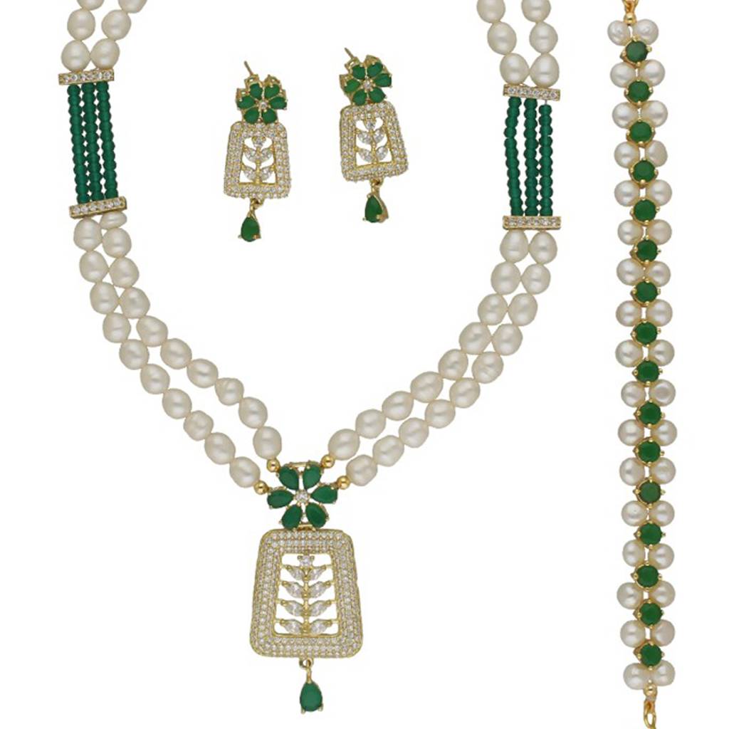 Ornate Veil Pearl Necklace Set With Bracelet : JPAUG-25-142