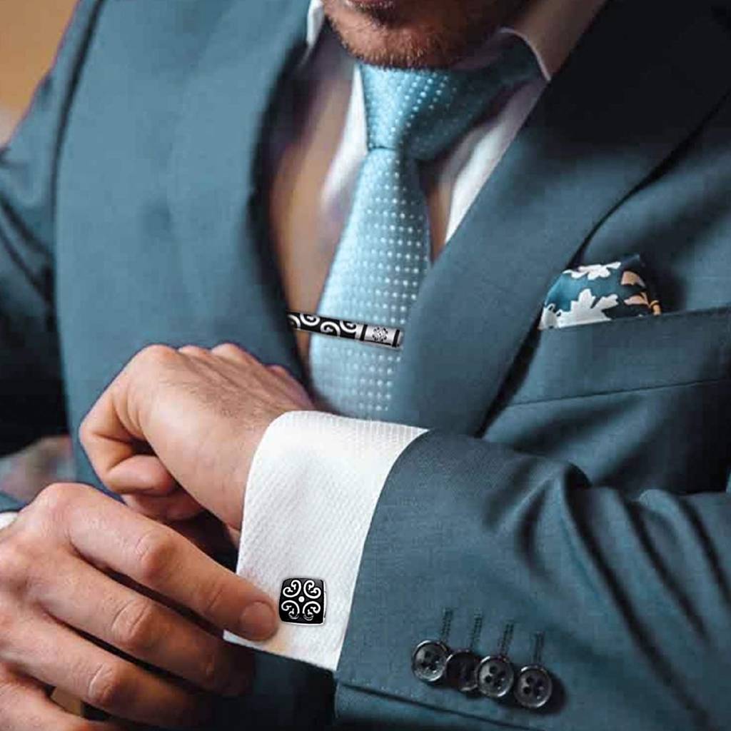 Black Silver Decorative Combo Tie Pin And Cufflinks Set For Men Boys Wedding Business Gift : PX9TCL01