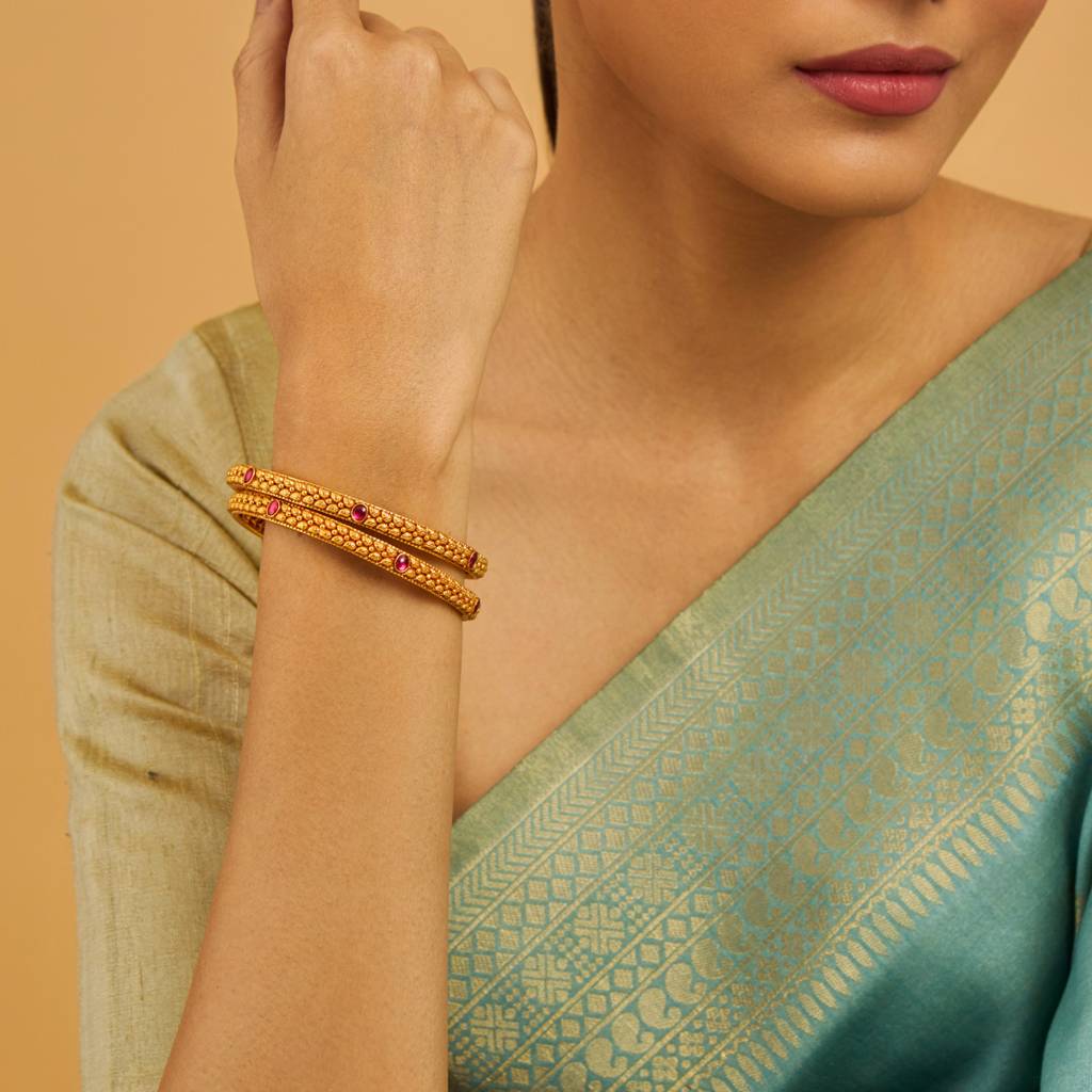 Kushal'S Fashion Jewellery Set Of 2 Pure Silver Stone-Studded Gold-Plated Temple Bangles : 431318