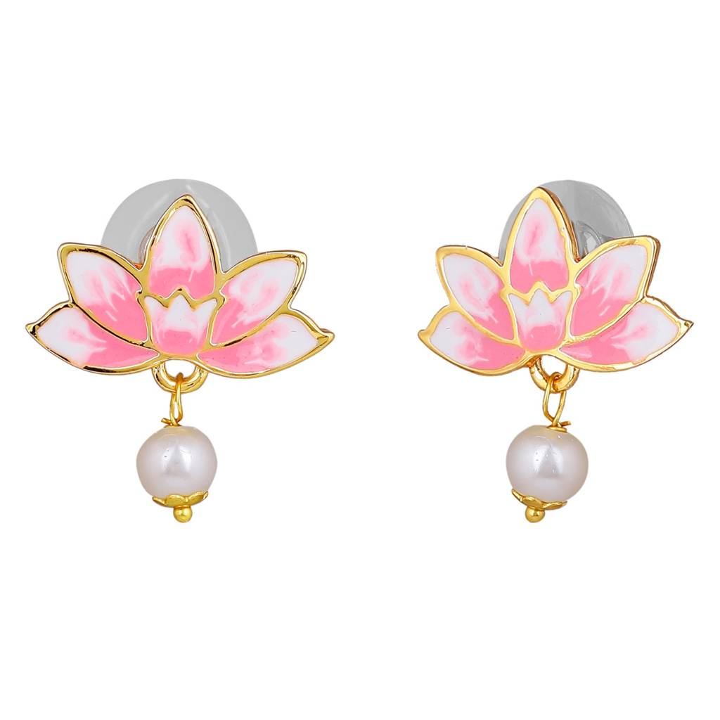 Estele Gold Plated Lotus Designer Elegant Pearl Drop Earrings With Pink Enamel For Girl'S & Women : 10196-IGER