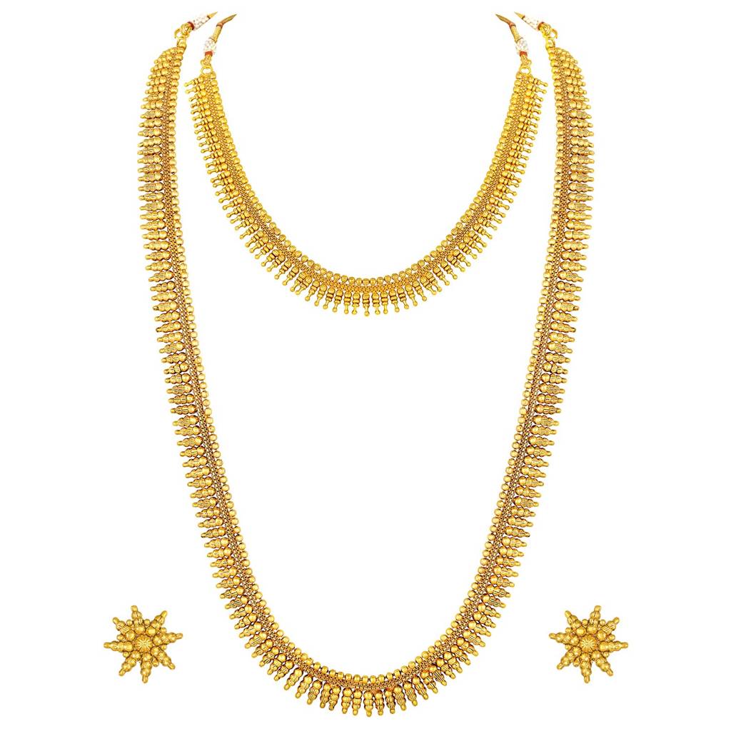 Traditional Gold Plated Maharani Haar Necklaces With Earrings South Style Indian Bridal Jewellery Set Gift For Wom : PF04BR144
