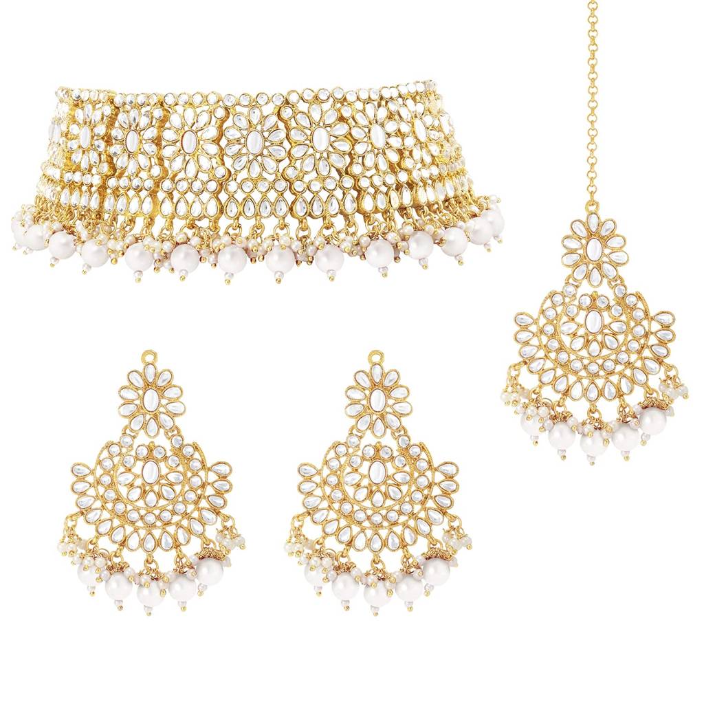 Gold Plated Kundan Studded Choker Necklace Earrings & Maang Tikka Set Wedding Jewellery Set For Girls & Women (White) : PF24N14W