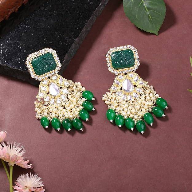 Estele Gold Plated Fashionable Gehena Drop Earrings With Green Beads For Women : PJ-013-IGGNER