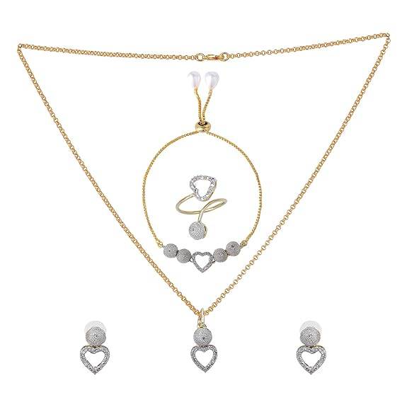 lry Combo Of Pendant Set For Women: Gold & Rhodium Plated Charming White American Diamond Stylish Hea : OSAKCOM010-2TNWEPDERBRFN