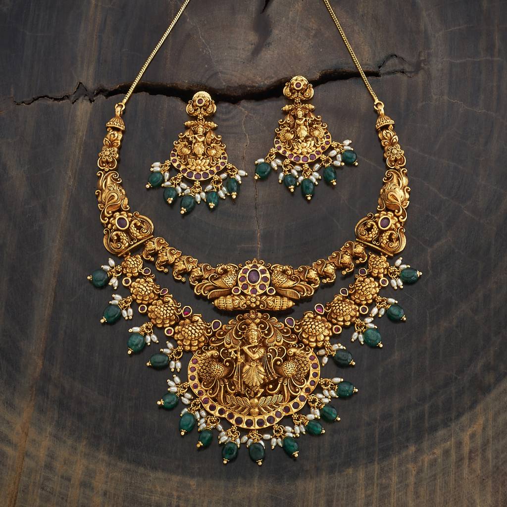 Ruby-Green Gold-Plated Ethnic Antique Necklace Set-433514 : 433514