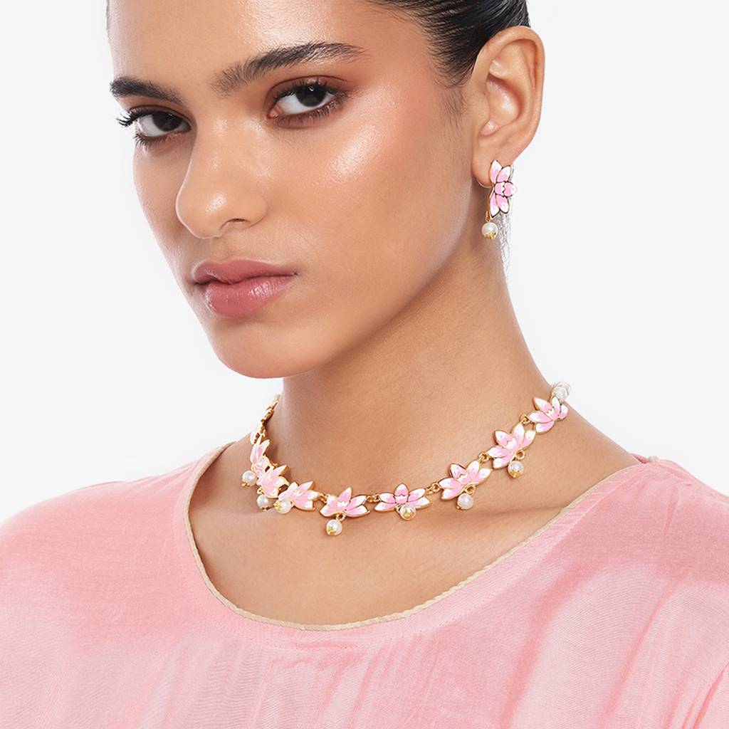 Estele Gold Plated Alluring Lotus Designer Pearl Necklace Set With Pink Enamel For Girl'S & Women : 10195-IGNKER