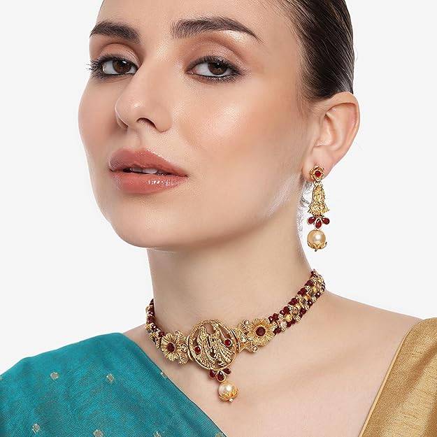 Estele Gold Plated Radha Krishna Designer Gehena Necklace Set With Red Beads For Women : PJ-017-IGRBNKER