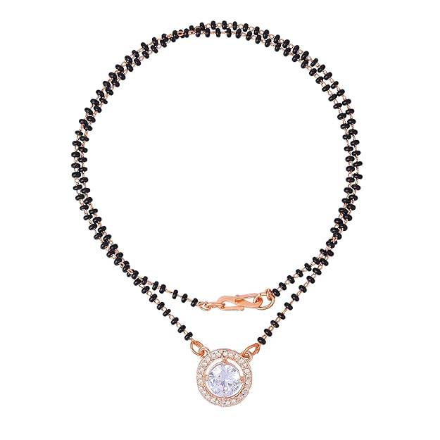 Rosegold Plated Exquisite Circular Pendant Mangalsutra Chain With Black Beads & White Crystals For Women : OSAKMS013-RGWENK
