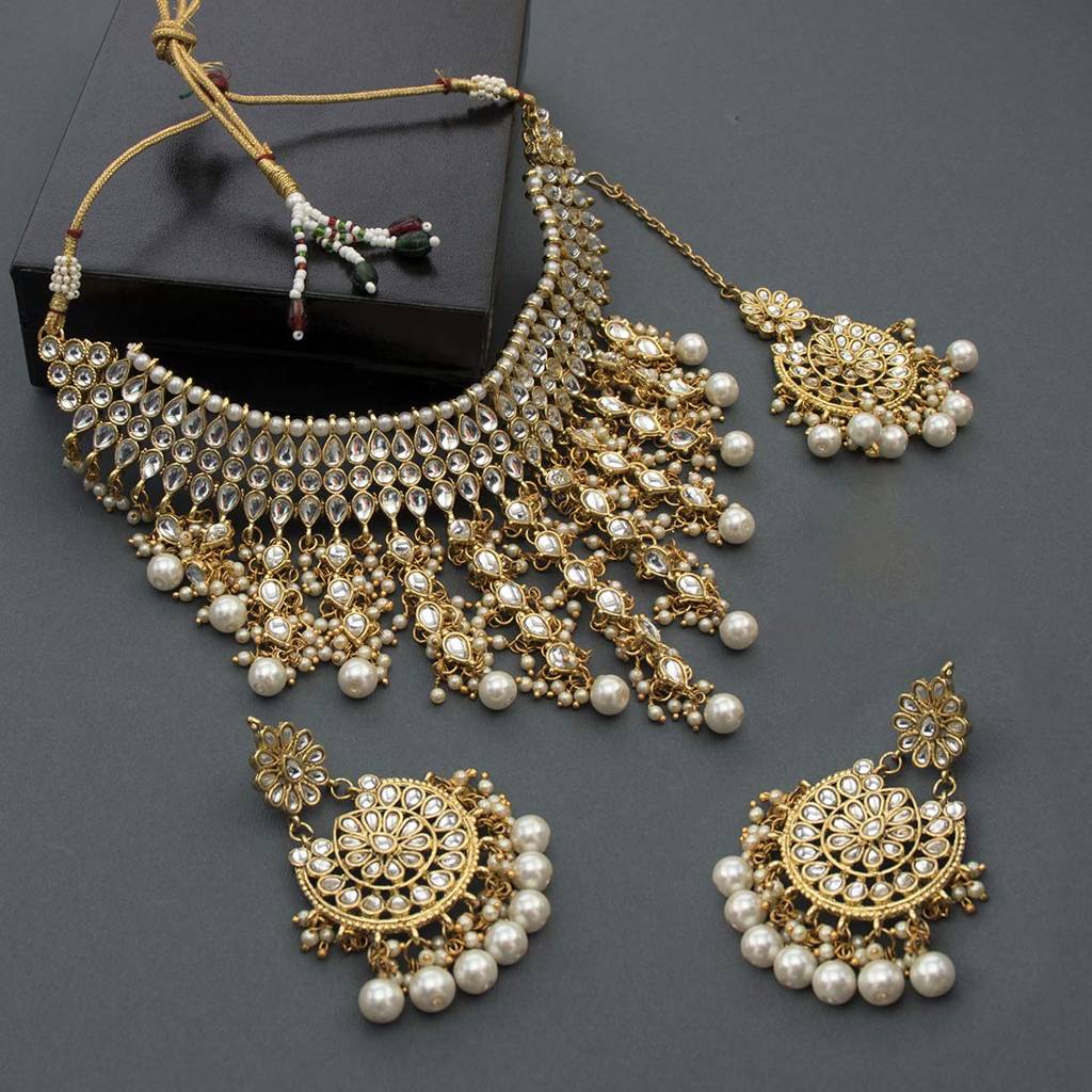 Traditional Kundan & Pearl Drop Bridal Dulhan Necklace Earring With Maang Tikka Jewellery Set For Women Girls-Pf2 : PF25N1177W