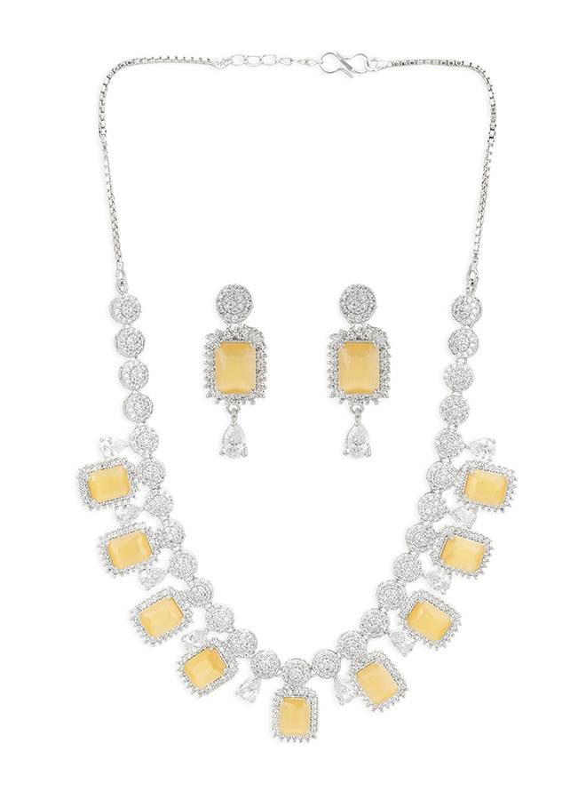 Cz Silver Plated Pearl Brass Necklace Set With Yellow Stone : 8905124435450